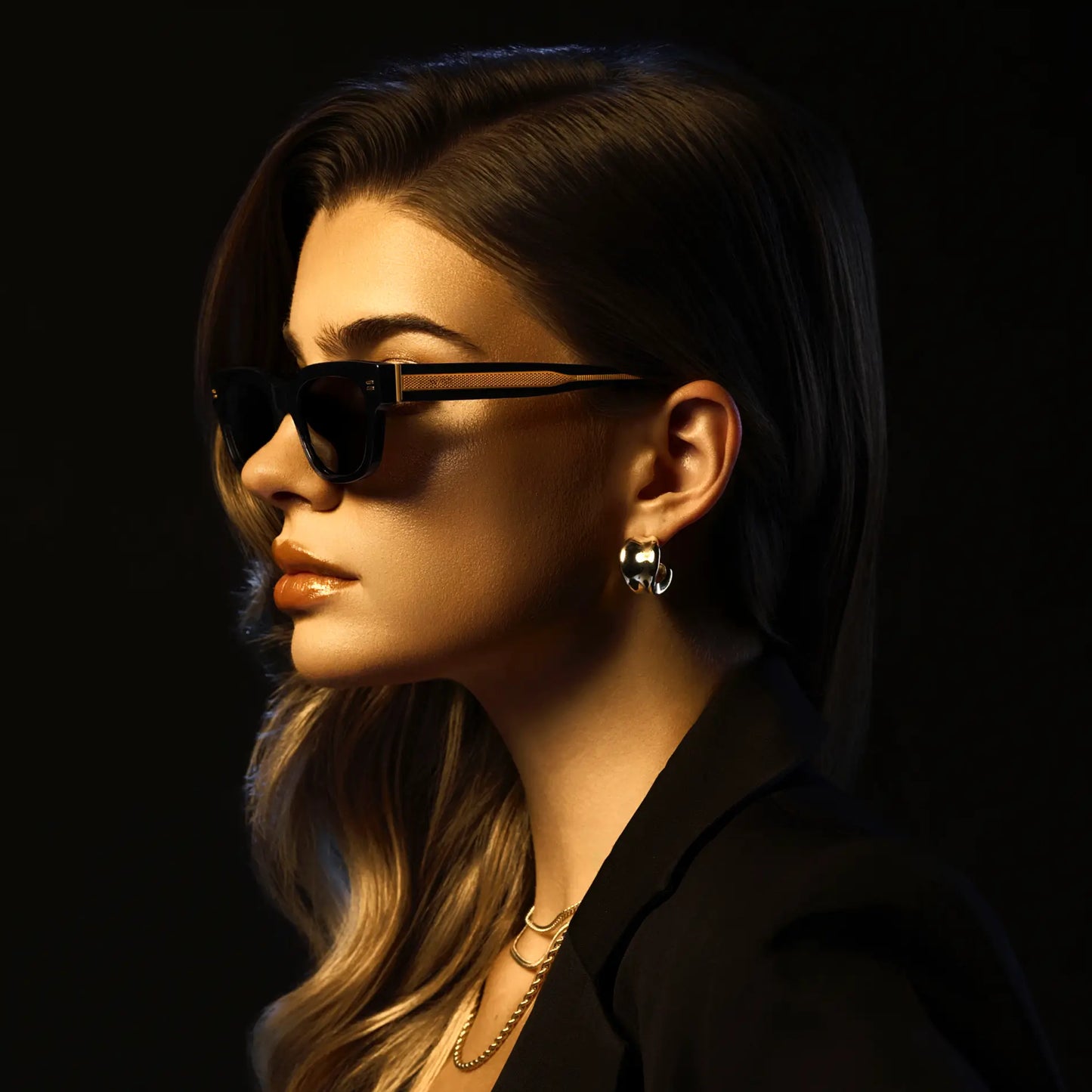 Black / Triple Black Lens || Women's Rectangular Sunglasses with Handcrafted exposed gold metal core, Black Acetate Frame and Triple Black Anti-Reflective Lens