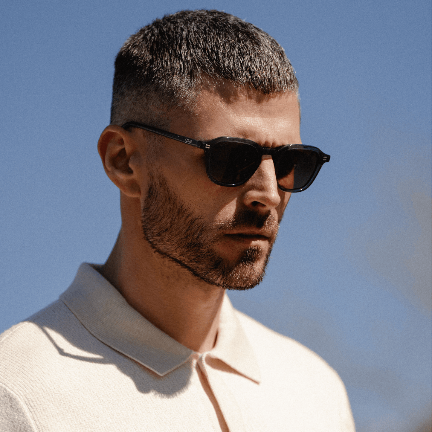 Crystal Steel Blue / Brown Gold Gradient Lens || Men's Geometric Square Sunglasses with Crystal Steel Blue Acetate Frame and Brown Gold Gradient Polarized Lens