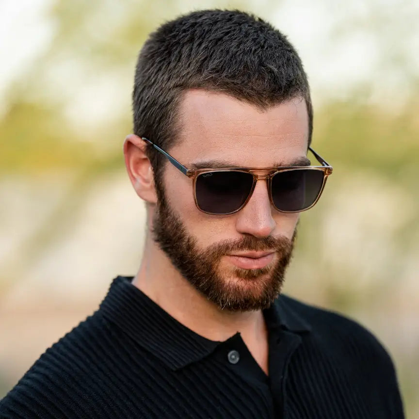 Crystal Brown / Black Gradient Lens || Brown Rectangular Aviator Sunglasses with Black Polarized Lenses