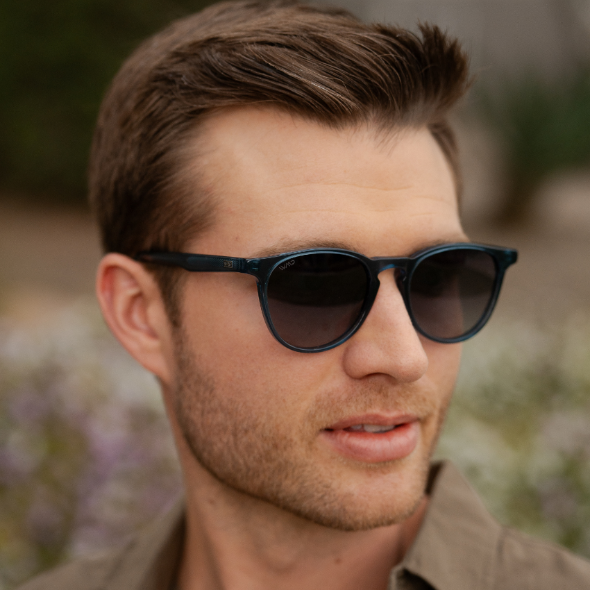 Crystal Cobalt / Black Gradient Lens || Round Sunglasses with Blue Frame and Grey Lenses