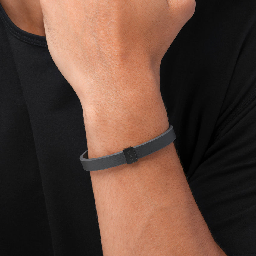 Black Metal / Grey Leather || Grey Leather Cuff Bracelet with Black Metal Accents.