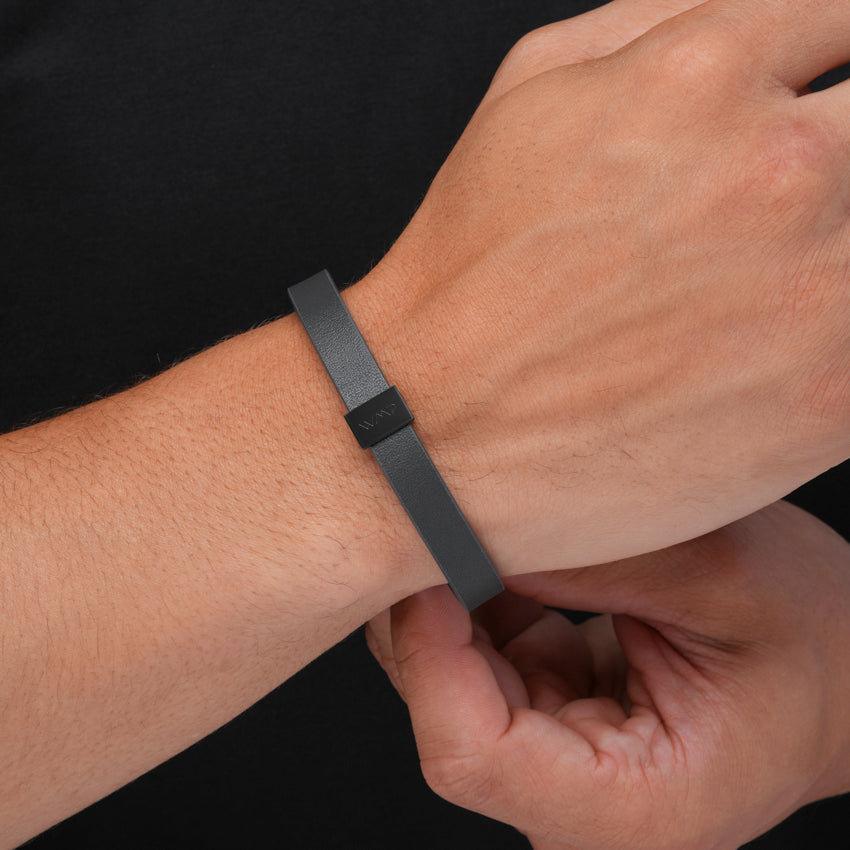 Black Metal / Grey Leather || Grey Leather Cuff Bracelet with Black Metal Accents.