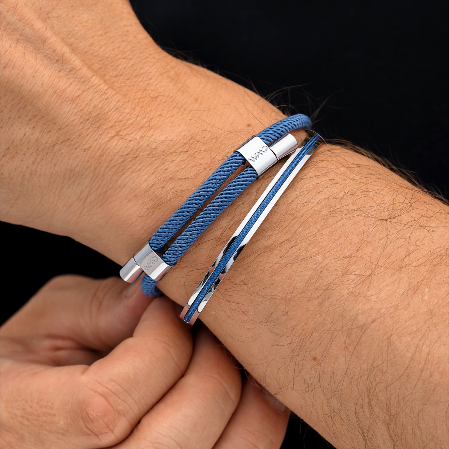 Denim Blue / Silver || Men's Adjustable Bracelet Set with Silver and Blue Details