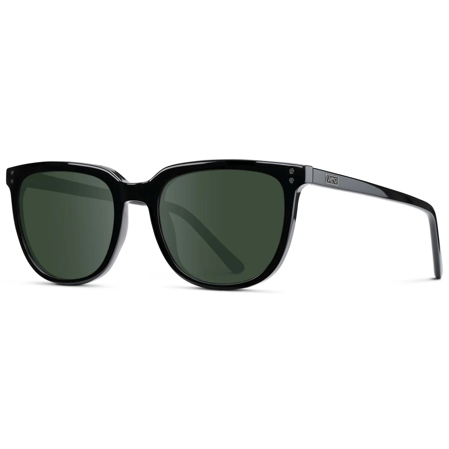 Black / G15 || Side view of Men's Square Prescription Sunglasses with Black Frame and Green Lenses on a white background