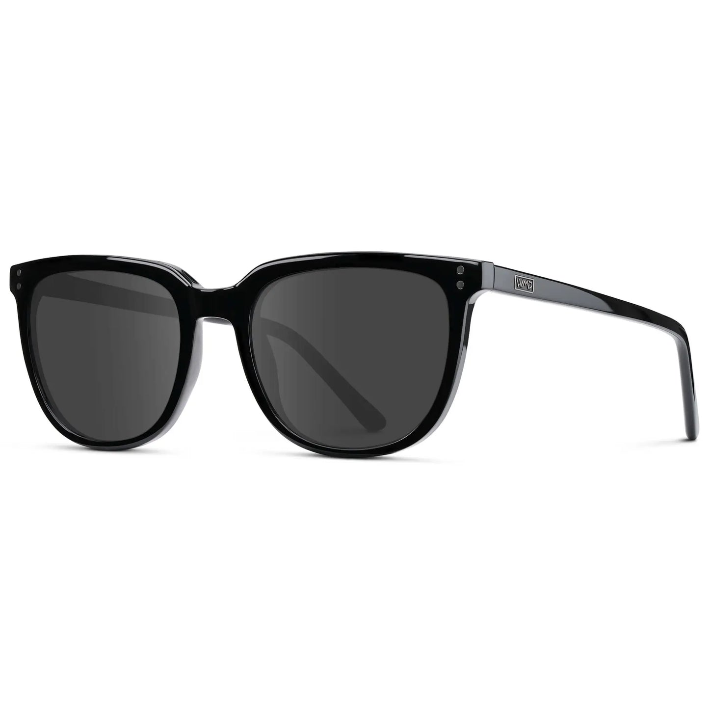 Black / Grey || Side view of Men's Square Prescription Sunglasses with Black Frame and Grey Lenses on a white background