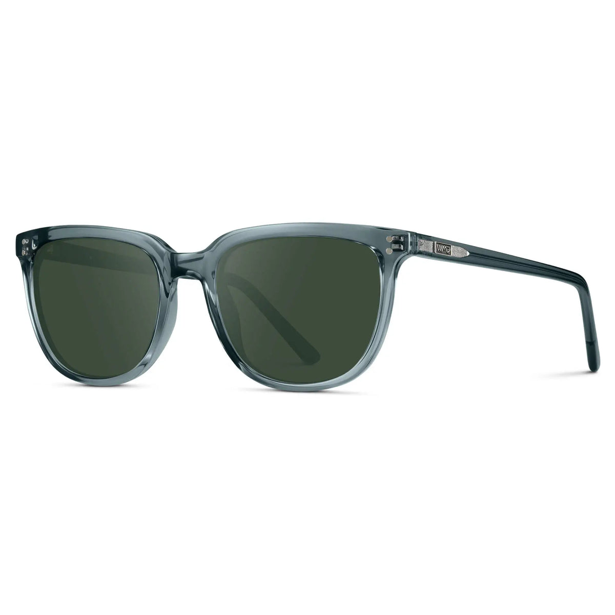 Crystal Stone Blue / G15 || Side view of Men's Square Prescription Sunglasses with Crystal Stone Blue Frame and Green Lenses on a white background