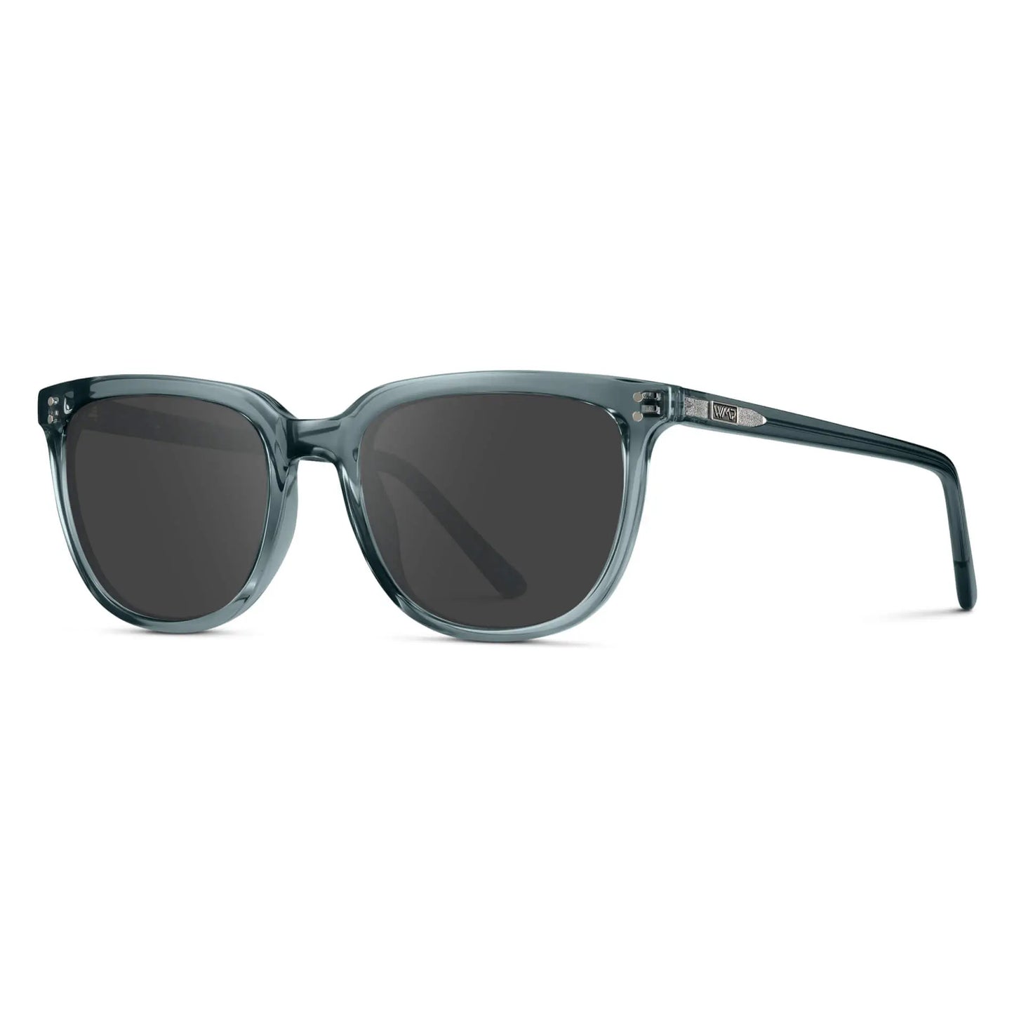 Crystal Stone Blue / Grey || Side view of Men's Square Prescription Sunglasses with Crystal Stone Blue Frame and Grey Lenses on a white background