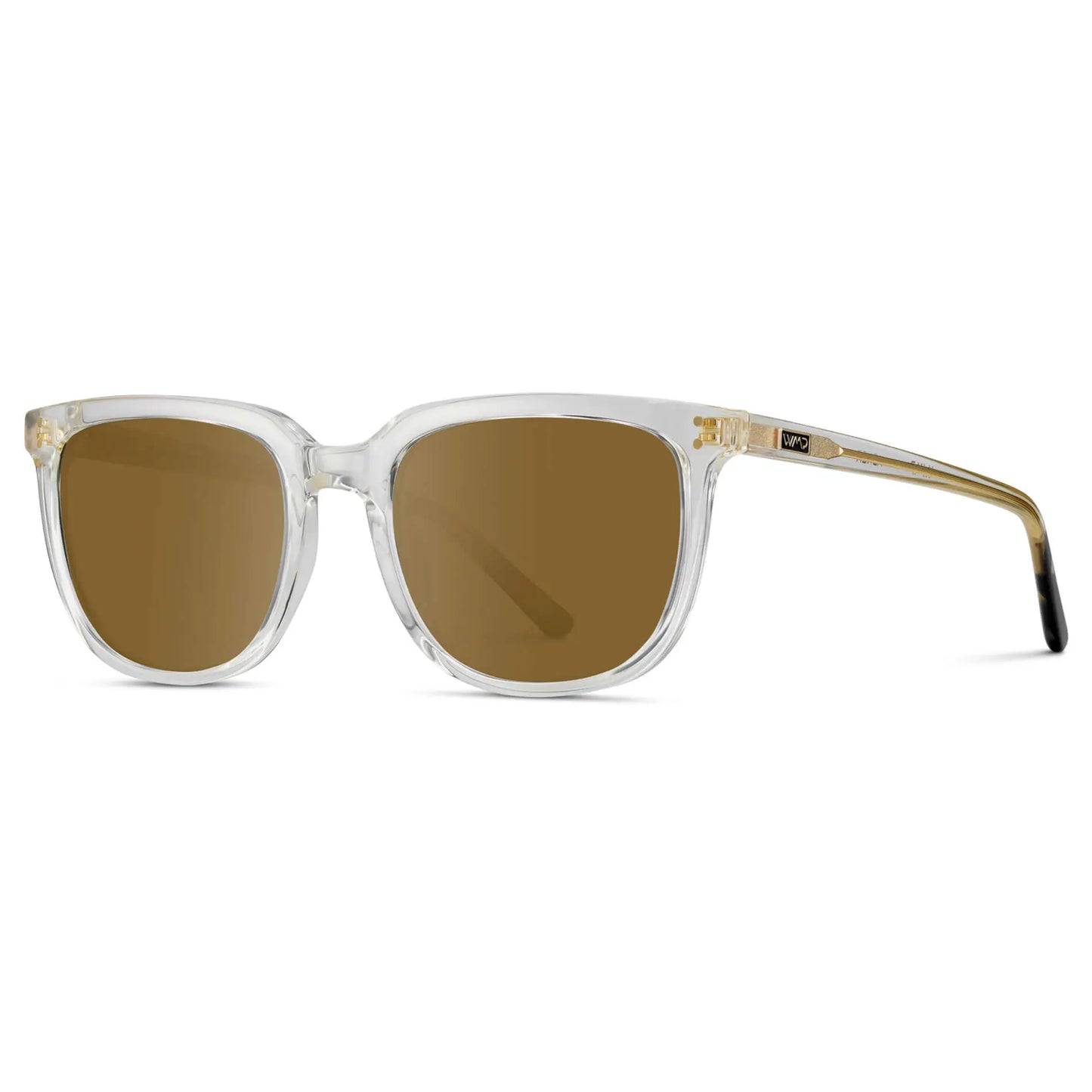 Clear / Amber || Side view of Men's Square Prescription Sunglasses with Clear Frame and Amber Lenses on a white background