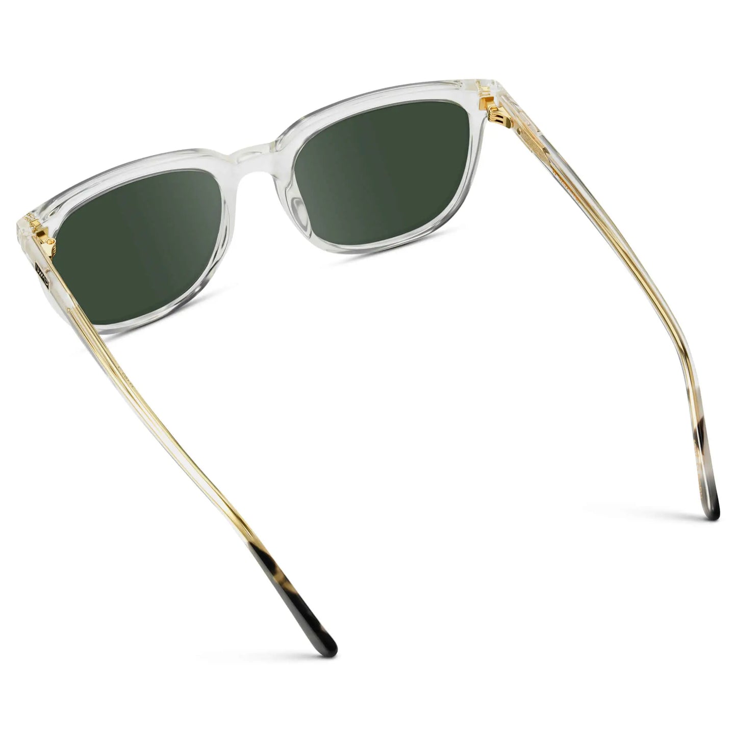 Clear / G15 || Back view of Men's Square Prescription Sunglasses with Clear Frame and Green Lenses on a white background