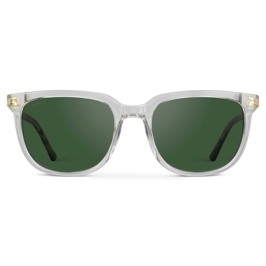 Clear / Smoke Green Lens || Clear Square Frame Sunglasses with Green Polarized Lenses