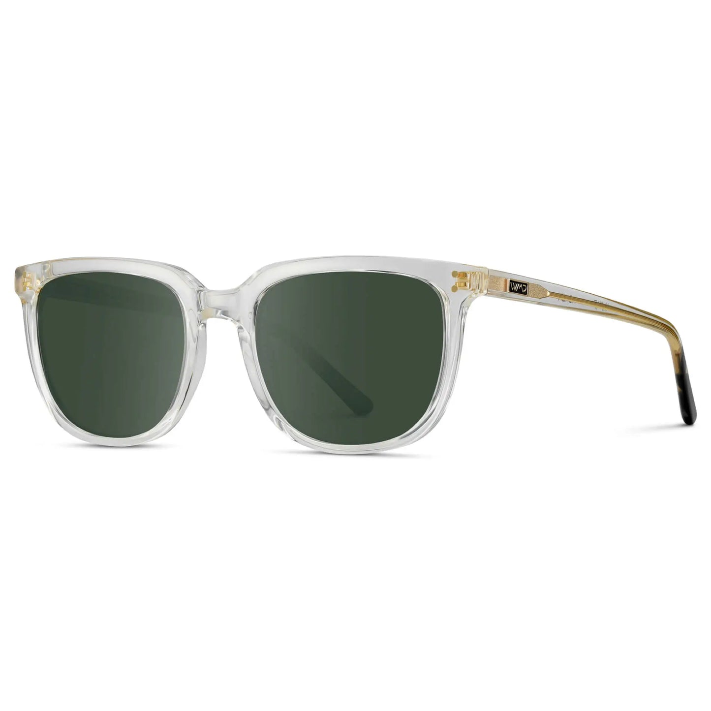 Clear / G15 || Side view of Men's Square Prescription Sunglasses with Clear Frame and Green Lenses on a white background