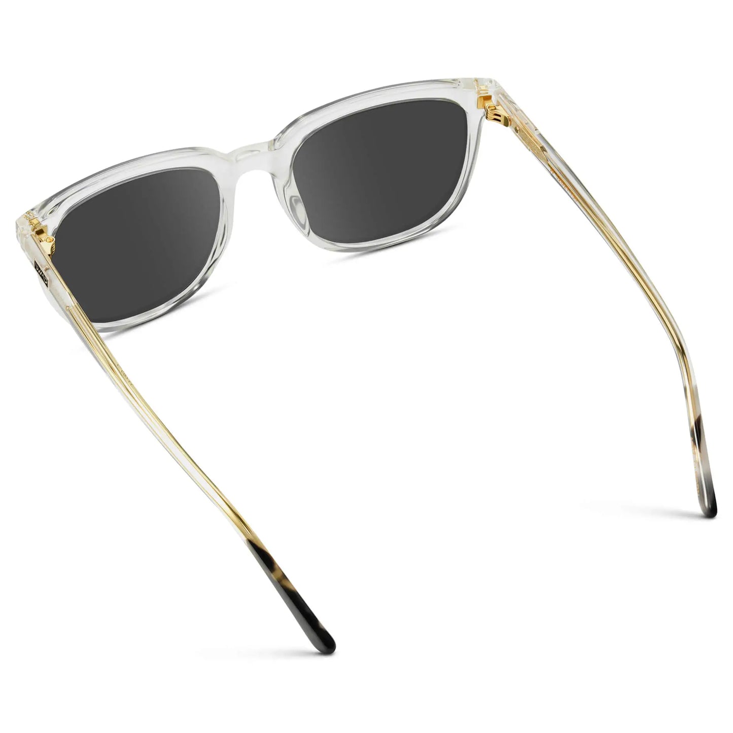 Clear / Grey || Back view of Men's Square Prescription Sunglasses with Clear Frame and Grey Lenses on a white background