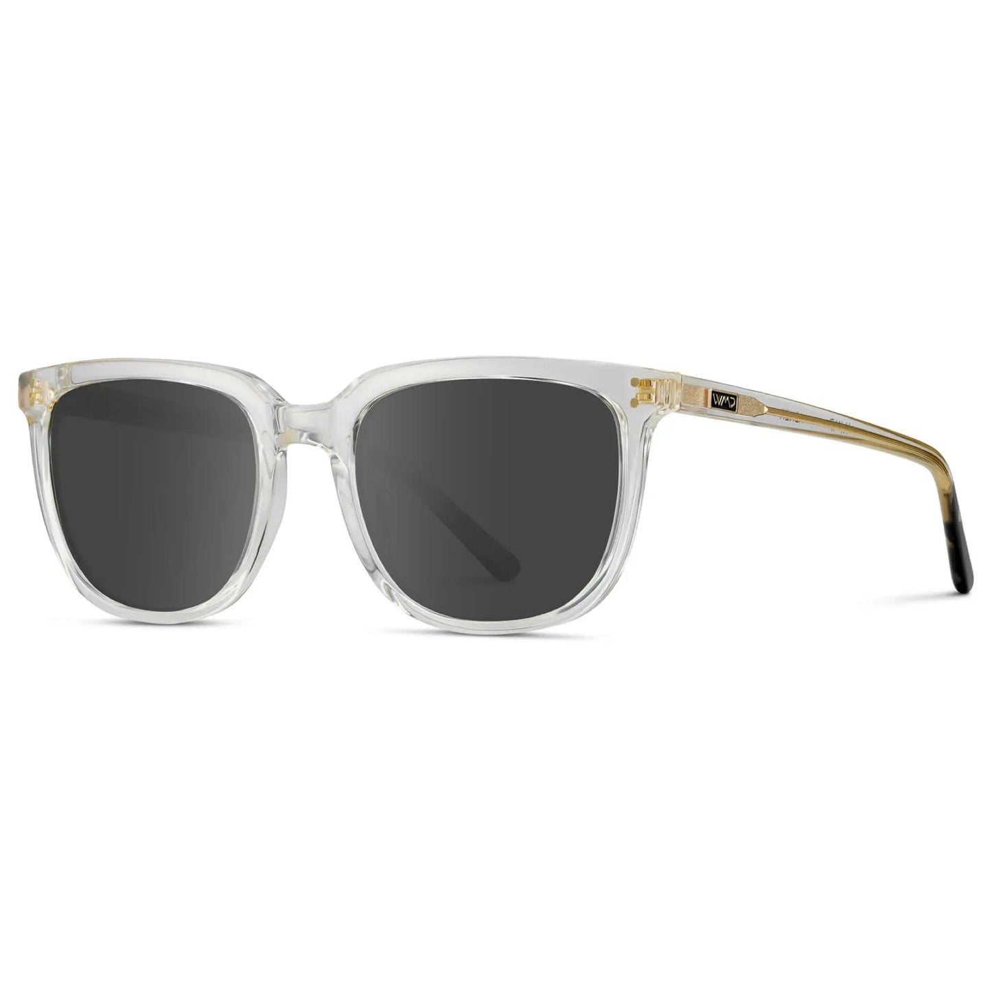 Clear / Grey || Side view of Men's Square Prescription Sunglasses with Clear Frame and Grey Lenses on a white background