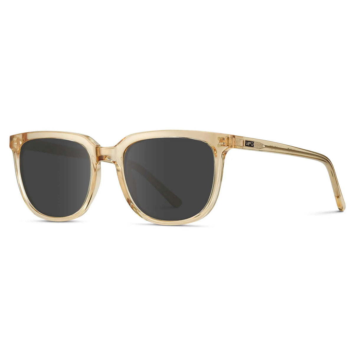 Champagne Crystal / Grey || Side view of Men's Square Prescription Sunglasses with Champagne Crystal Frame and Grey Lenses on a white background