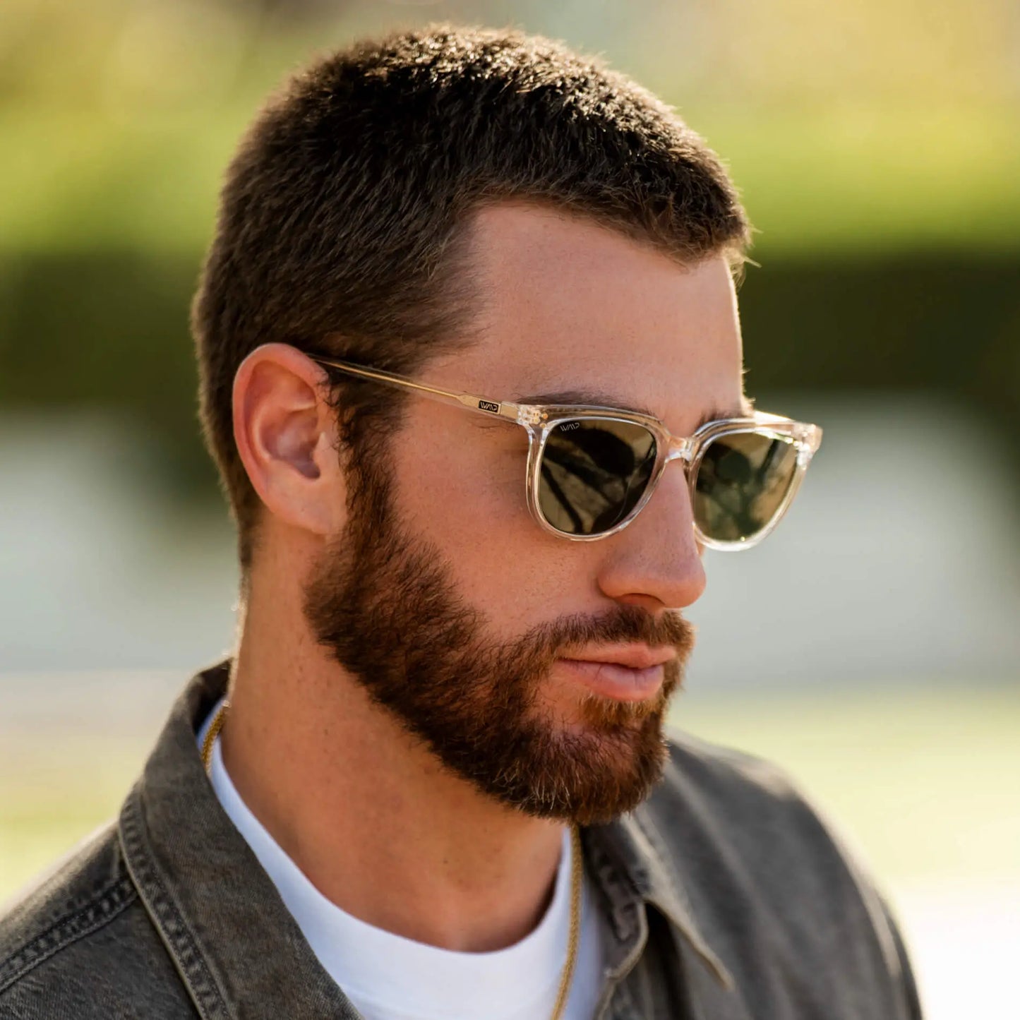 Clear / Smoke Green Lens || Clear Square Frame Sunglasses with Green Polarized Lenses