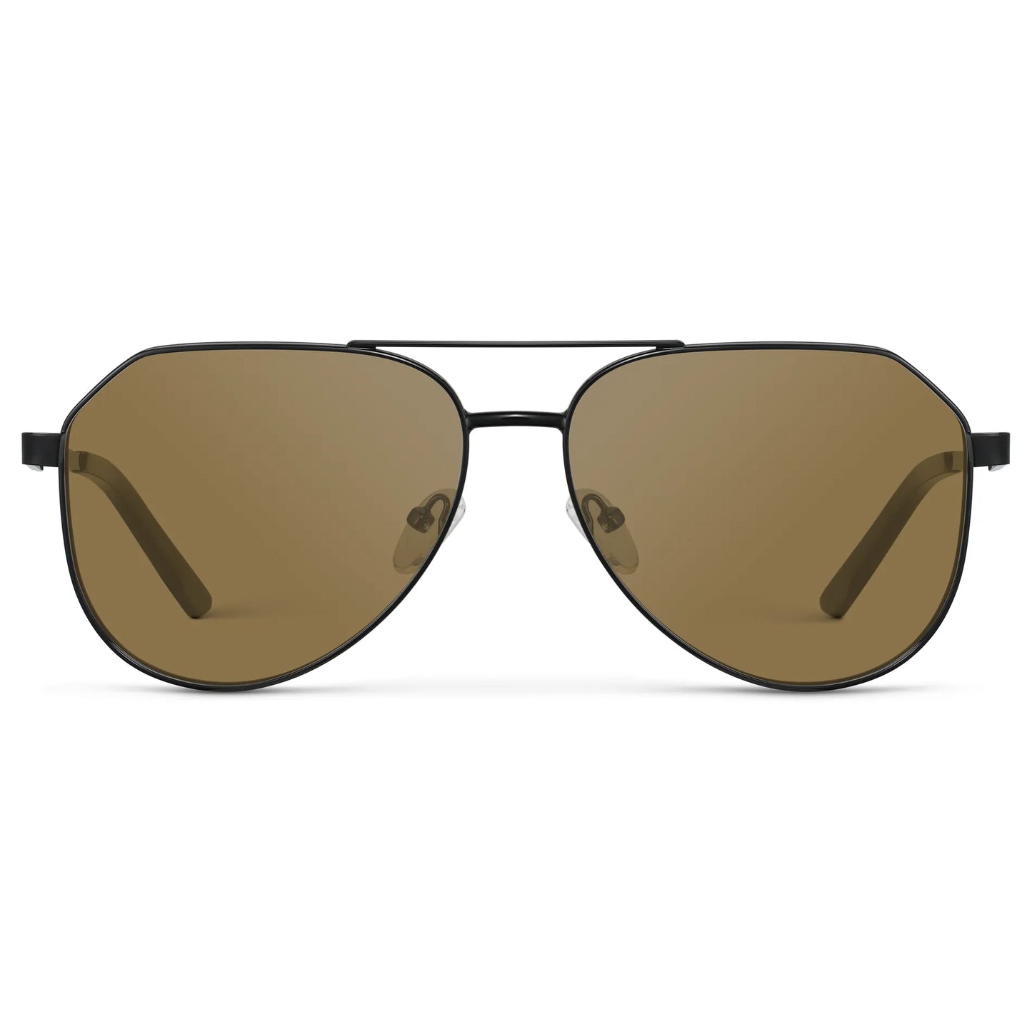 Black / Amber || Men's Stainless Steel Aviator Prescription Sunglasses with Black Frame and Brown Lens on a white background
