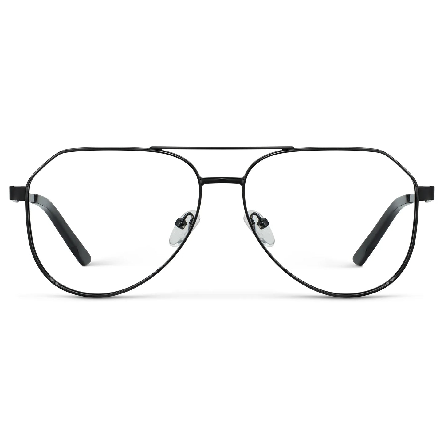 Black || Men's Stainless Steel Aviator Prescription Glasses with Black Frame and Clear Lens on a white background
