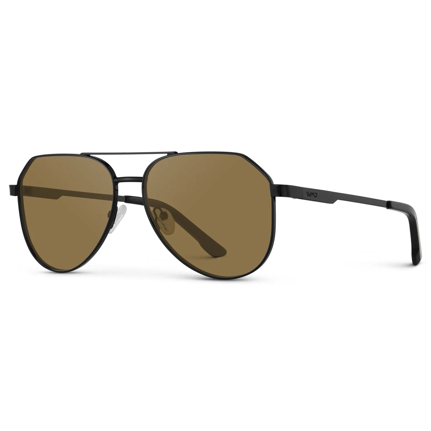 Black / Amber || Side view of Men's Stainless Steel Aviator Prescription Sunglasses with Black Frame and Brown Lens on a white background