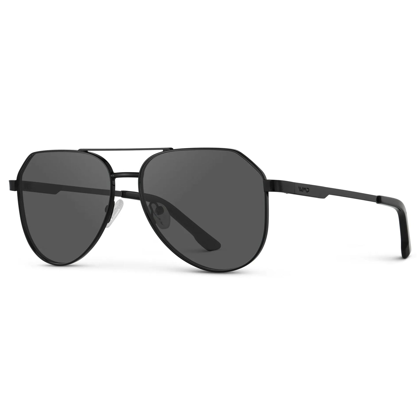 Black / Grey || Side view of Men's Stainless Steel Aviator Prescription Sunglasses with Black Frame and Grey Lens on a white background