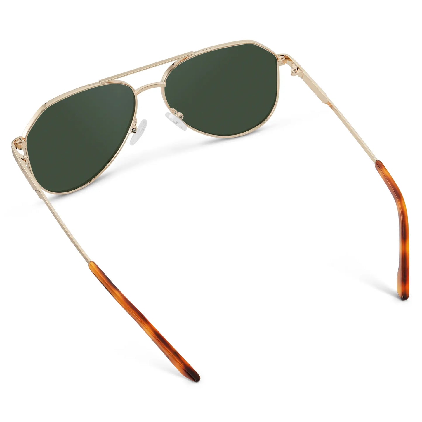 Gold / G15 || Back view of Men's Stainless Steel Aviator Prescription Sunglasses with Gold Frame and Green Lens on a white background