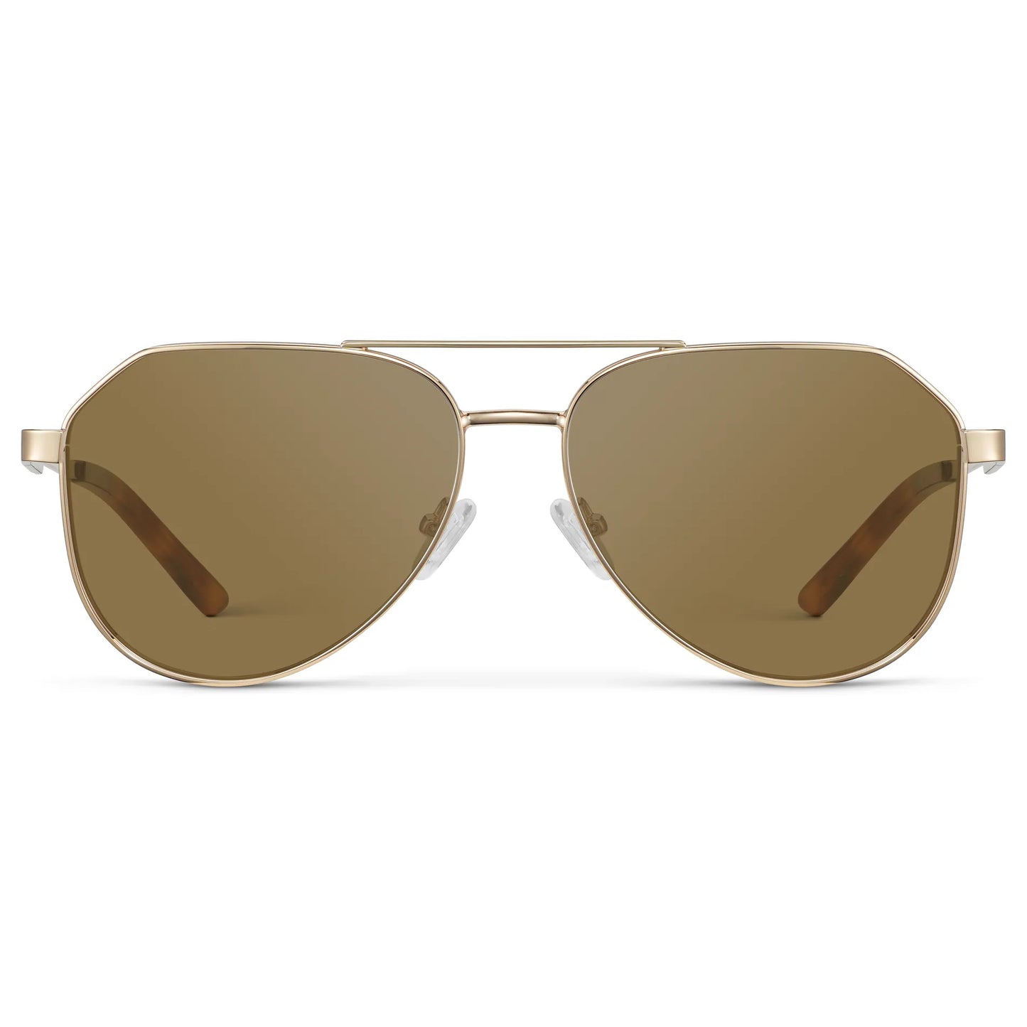 Gold / Amber || Men's Stainless Steel Aviator Prescription Sunglasses with Gold Frame and Brown Lens on a white background
