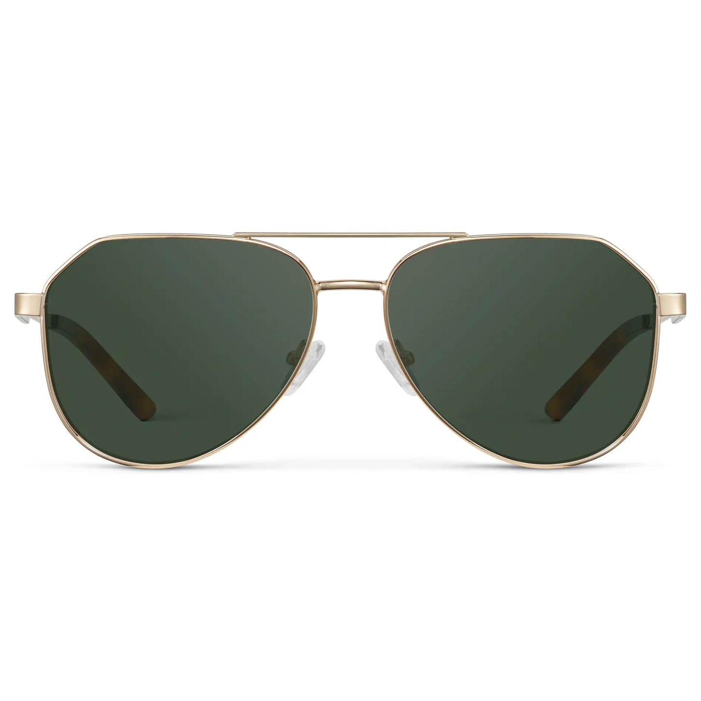 Gold / G15 || Men's Stainless Steel Aviator Prescription Sunglasses with Gold Frame and Green Lens on a white background