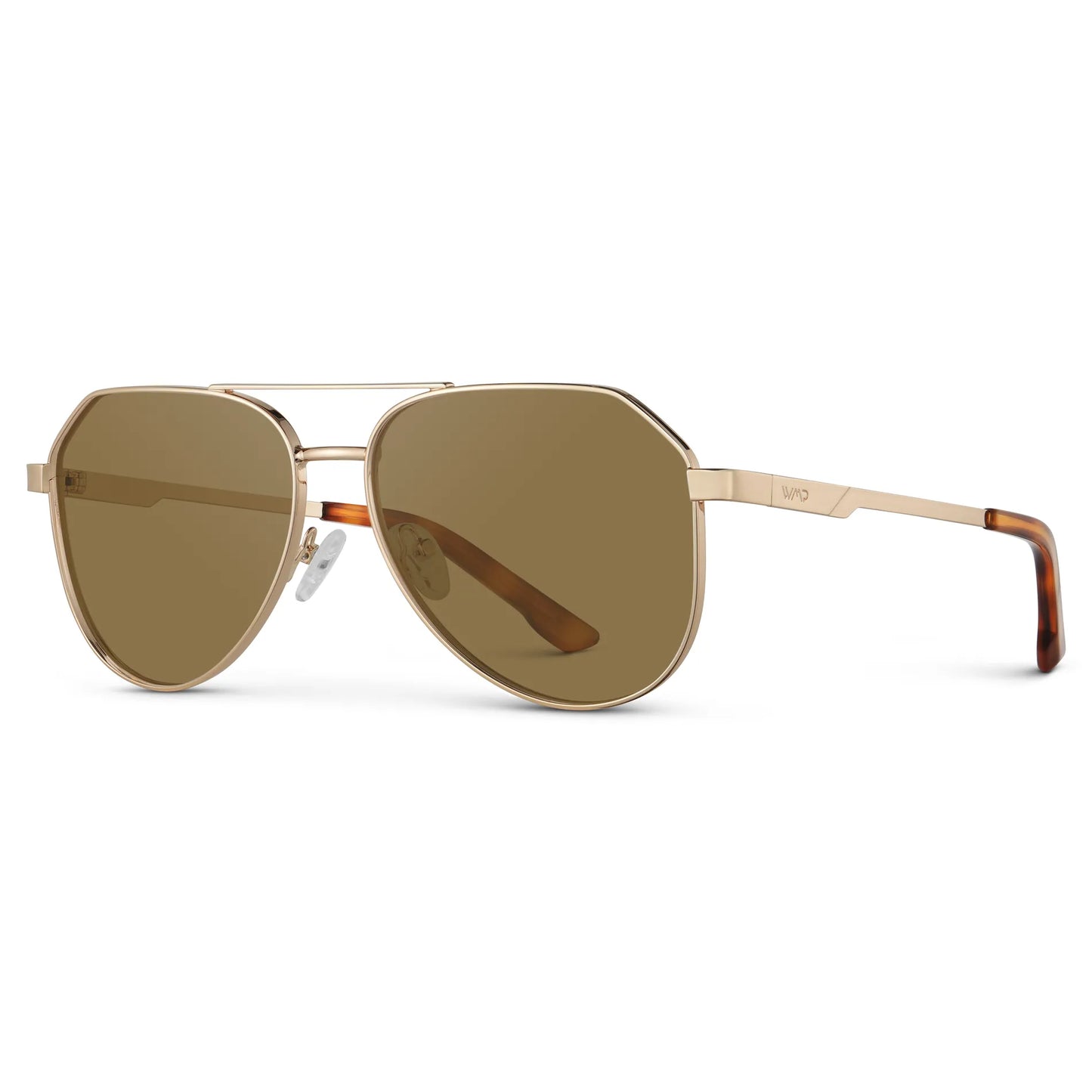 Gold / Amber || Side view of Men's Stainless Steel Aviator Prescription Sunglasses with Gold Frame and Brown Lens on a white background