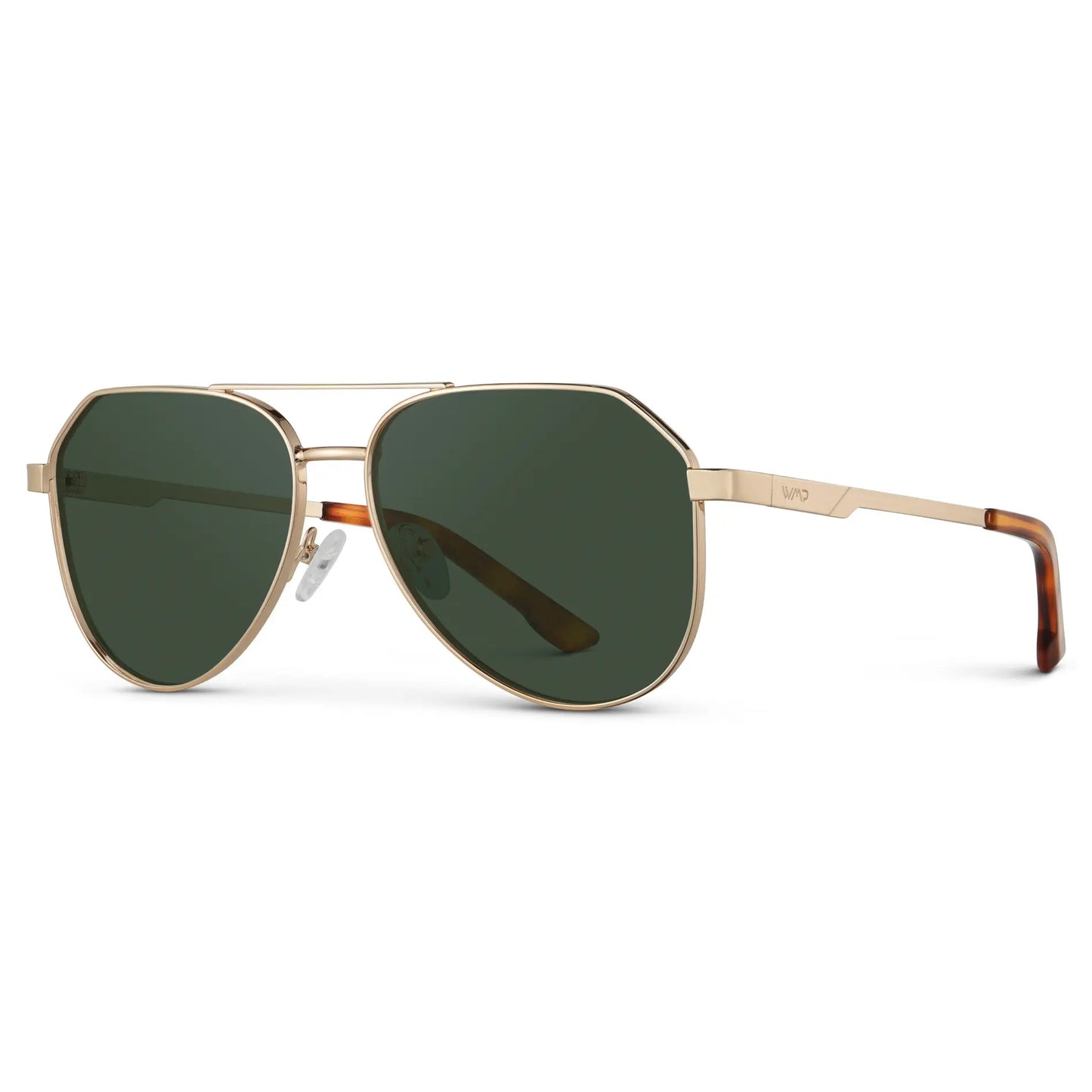 Gold / G15 || Side view of Men's Stainless Steel Aviator Prescription Sunglasses with Gold Frame and Green Lens on a white background