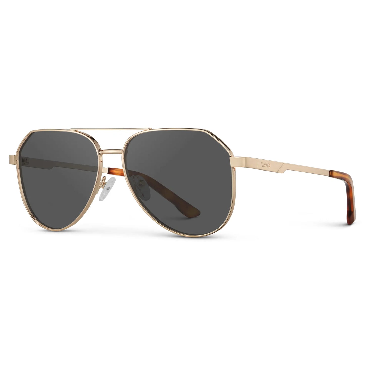 Gold / Grey || Side view of Men's Stainless Steel Aviator Prescription Sunglasses with Gold Frame and Grey Lens on a white background