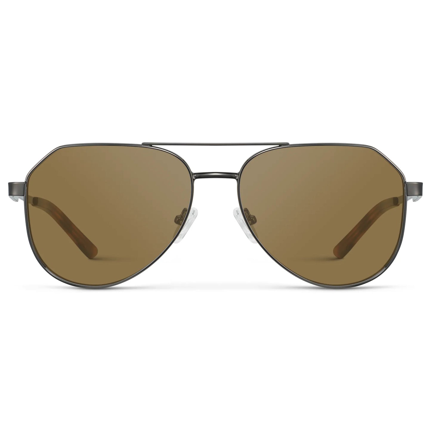 Gunmetal / Amber || Men's Stainless Steel Aviator Prescription Sunglasses with Gunmetal Frame and Brown Lens on a white background