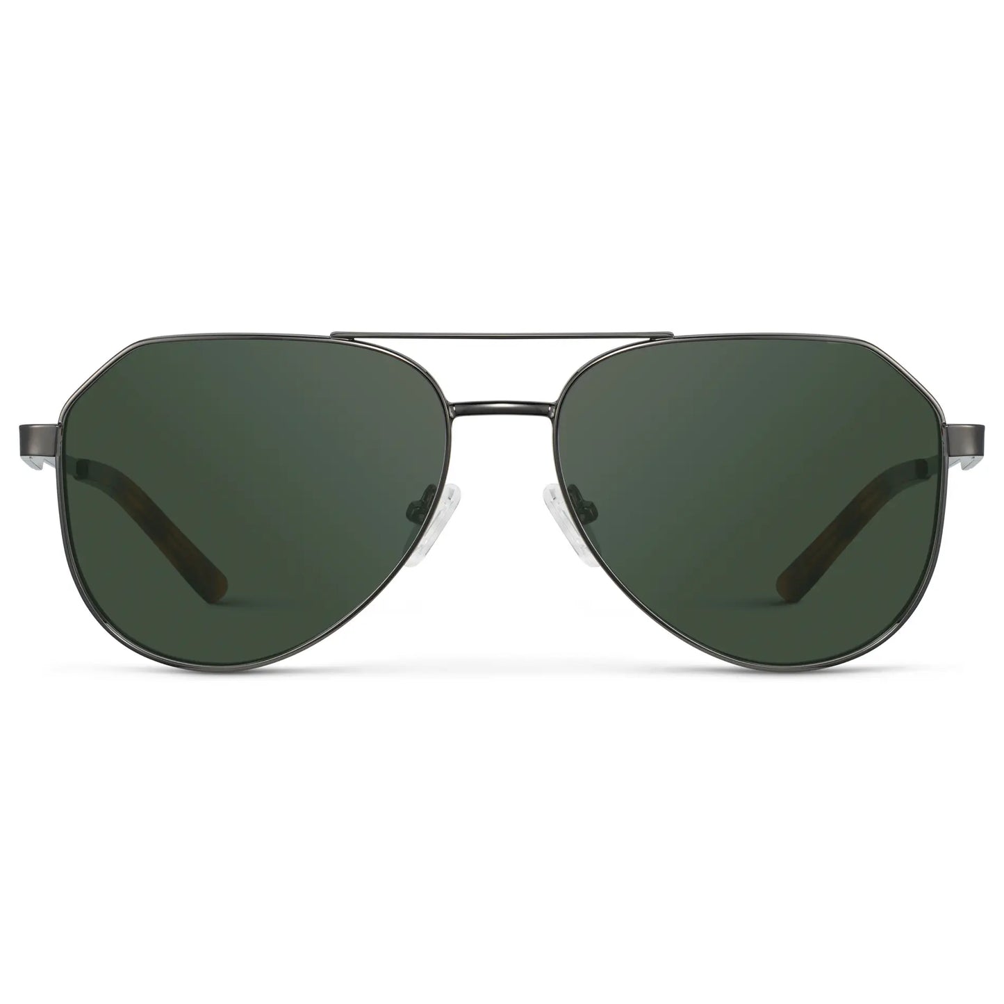 Gunmetal / G15 || Men's Stainless Steel Aviator Prescription Sunglasses with Gunmetal Frame and Green Lens on a white background