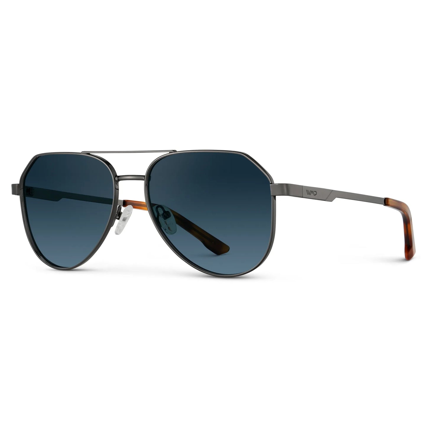 Gunmetal / Deep Blue Gradient Lens || Side view of Men's Stainless Steel Aviator Sunglasses with Gunmetal Frame and Deep Blue Gradient Lens on a white background