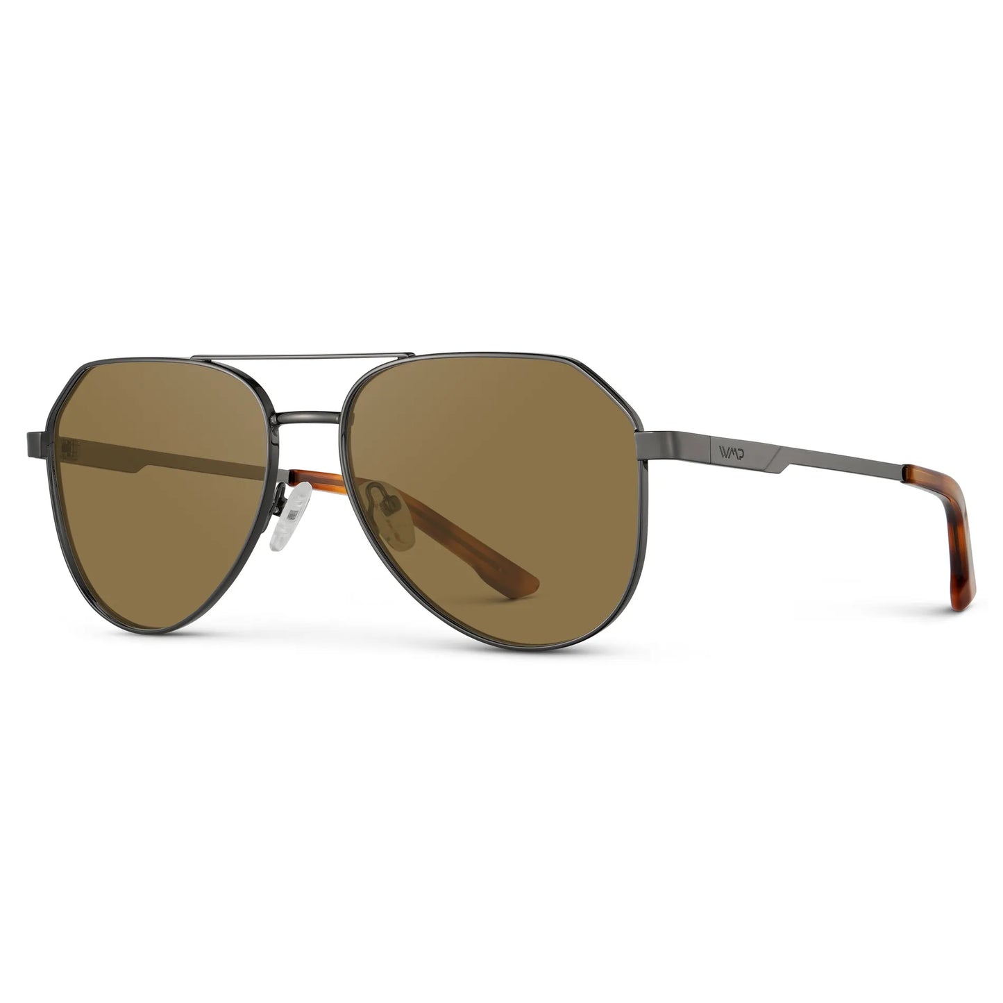 Gunmetal / Amber || Side view of Men's Stainless Steel Aviator Prescription Sunglasses with Gunmetal Frame and Brown Lens on a white background