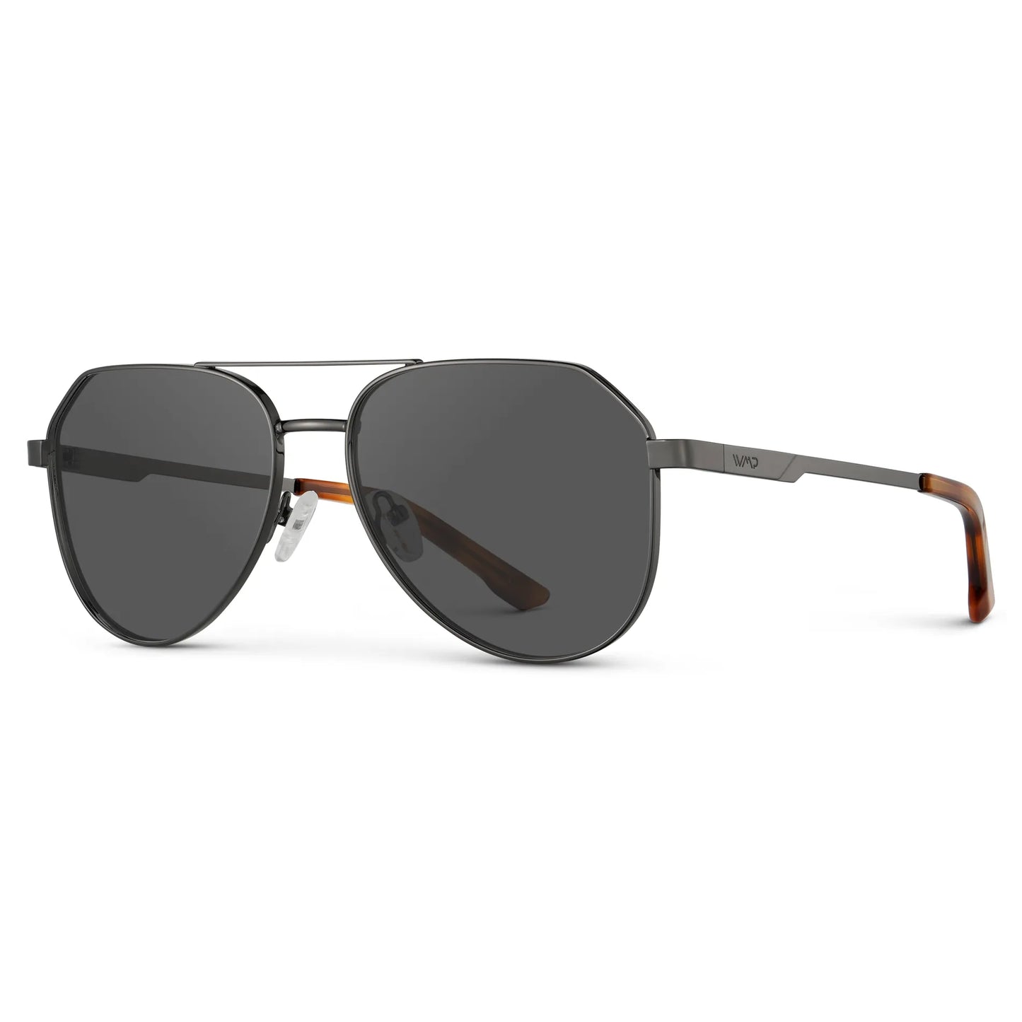 Gunmetal / Grey || Side view of Men's Stainless Steel Aviator Prescription Sunglasses with Gunmetal Frame and Grey Lens on a white background