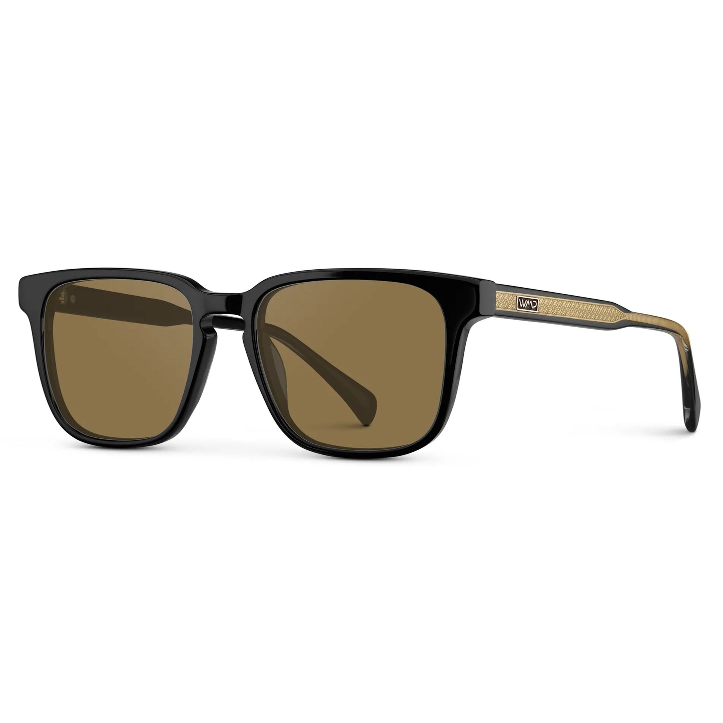 Black / Amber || Side view of Men's Rectangular Prescription Sunglasses with Black Frame and Brown Lens on a white background