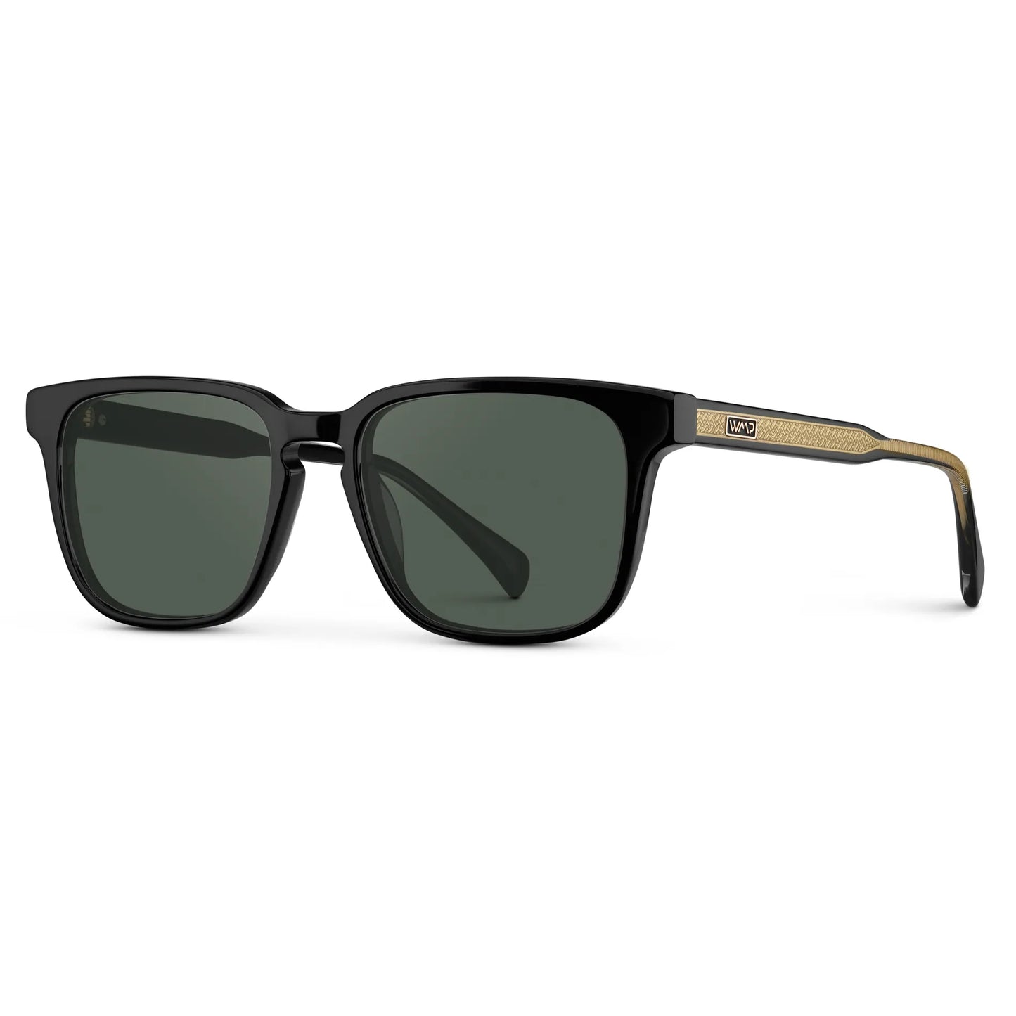 Black / G15 || Side view of Men's Rectangular Prescription Sunglasses with Black Frame and Green Lens on a white background