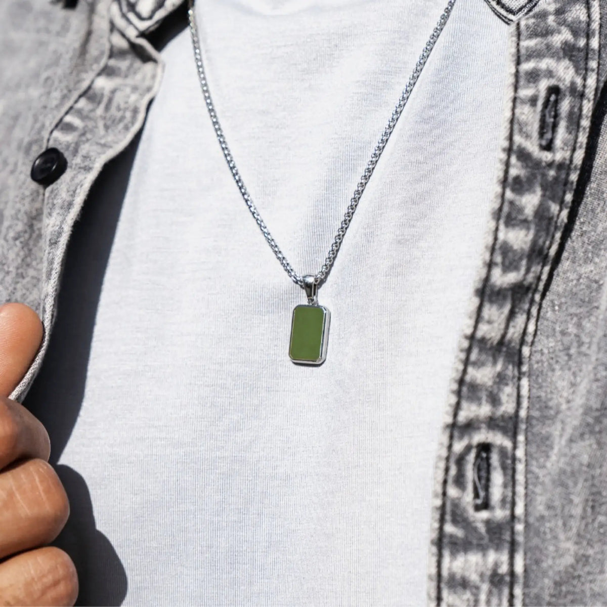 Silver / Pine Green Pendant || Affordable Statement Necklace with Green Rectangular Pendant