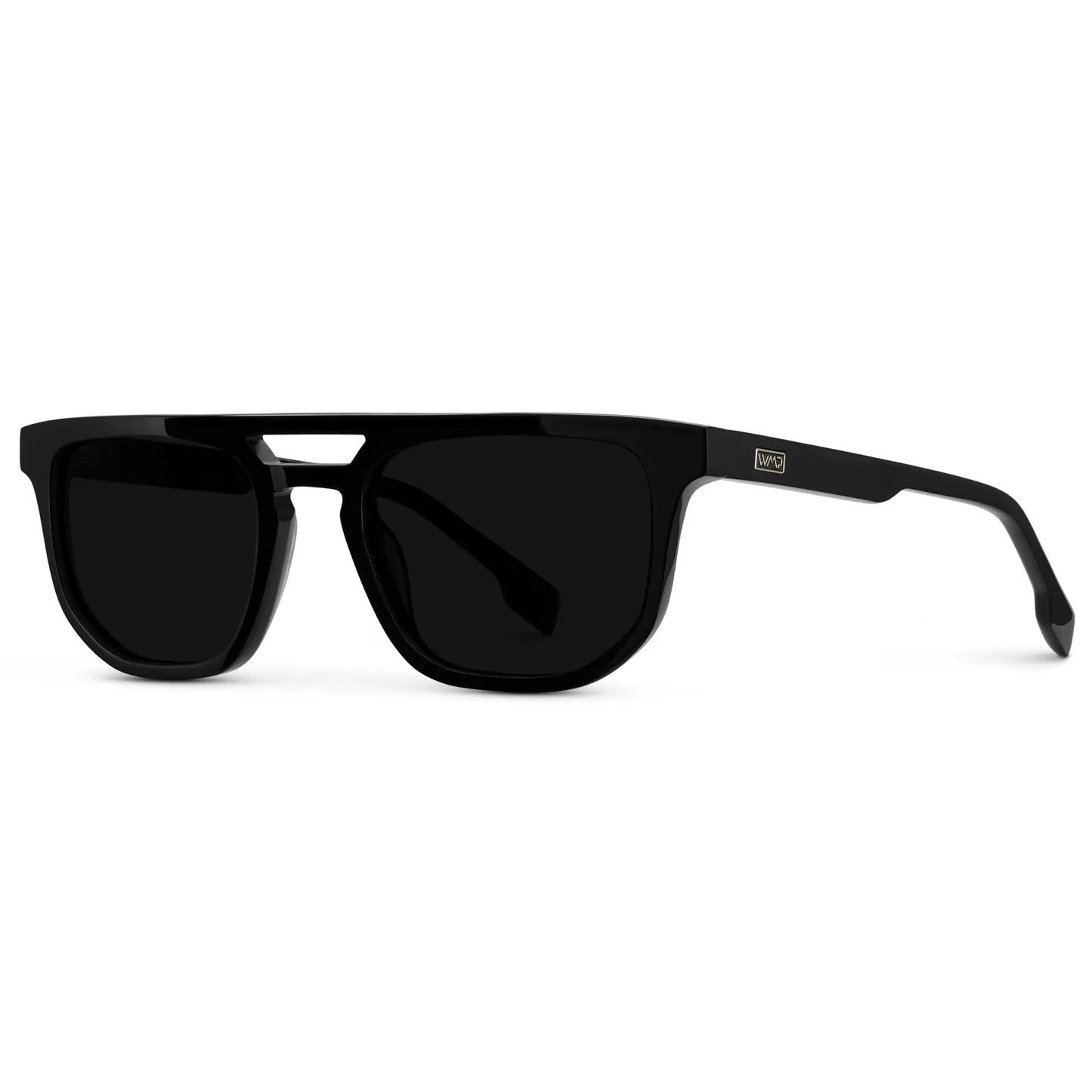 Black / Triple Black Lens || Side view of Men's Rectangular Double Bridge Aviator Polarized Sunglasses with Black Frame and Black Lenses on a white background