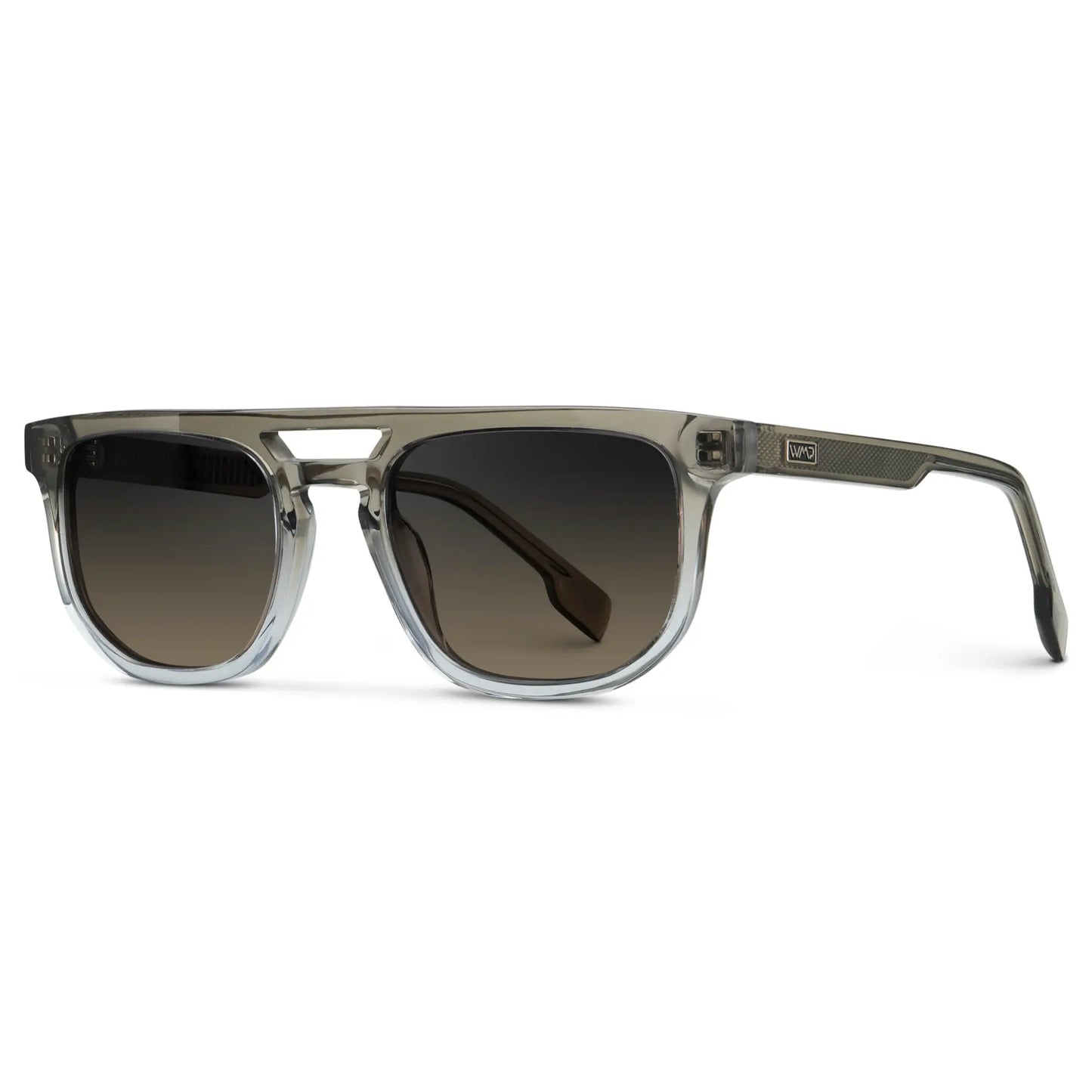 Charcoal Grey / Grey Brown Gradient Lens || Side view of Men's Rectangular Double Bridge Aviator Polarized Sunglasses with Grey Frame and Grey Brown Gradient Lenses on a white background
