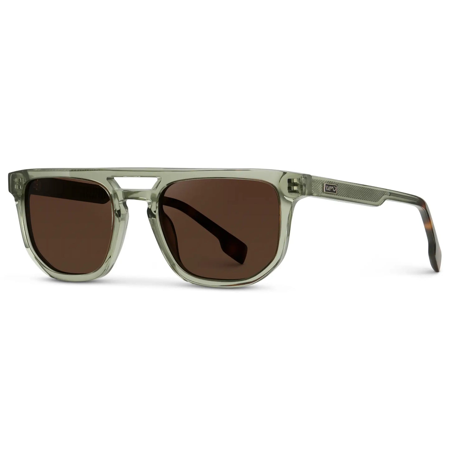 Palm Green / Dark Brown Lens || Side view of Men's Rectangular Double Bridge Aviator Polarized Sunglasses with Green Frame and Brown Lenses on a white background
