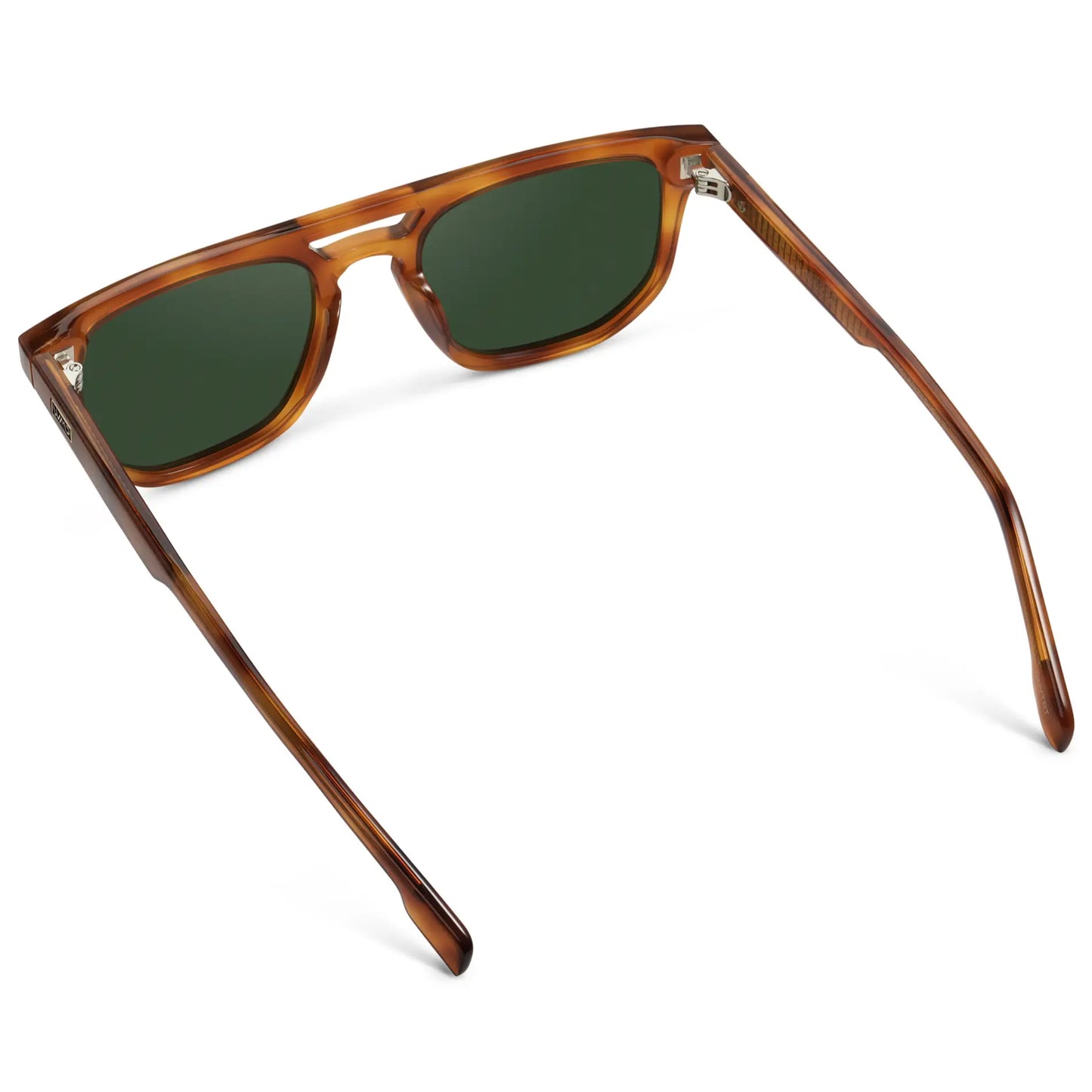 Honey Tortoise / Smoke Green Lens || Back view of Men's Rectangular Double Bridge Aviator Polarized Sunglasses with Honey Tortoise Frame and Green Lenses on a white background