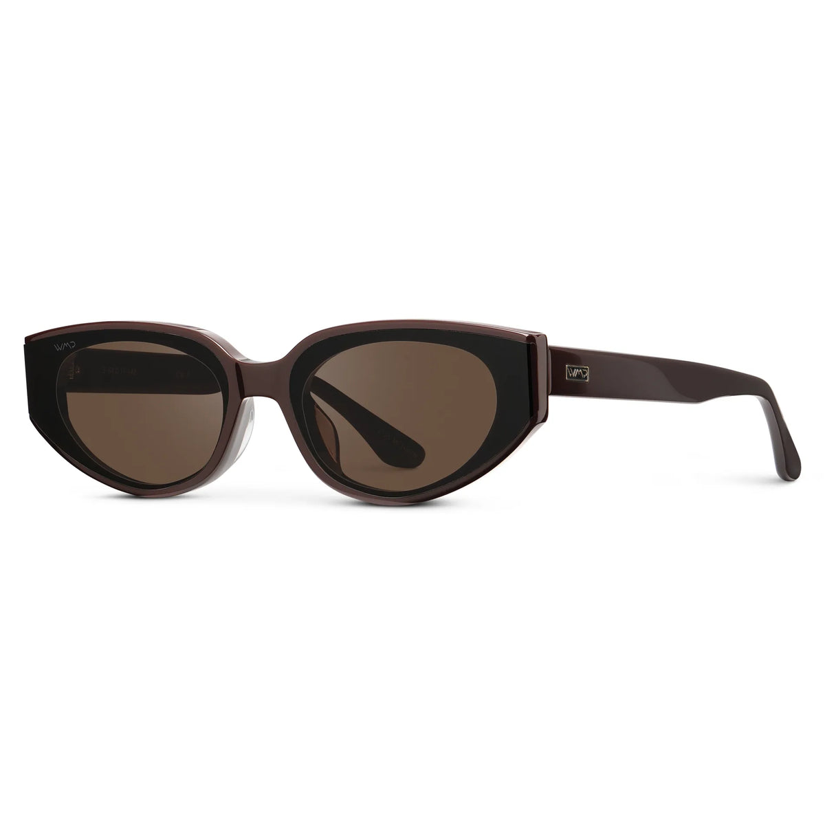 Mocha Brown / Brown Lens || Side view of Women's Narrow Cat-Eye Sunglasses with Mocha Brown Acetate frame and Non-Polarized Brown Lens on a white background