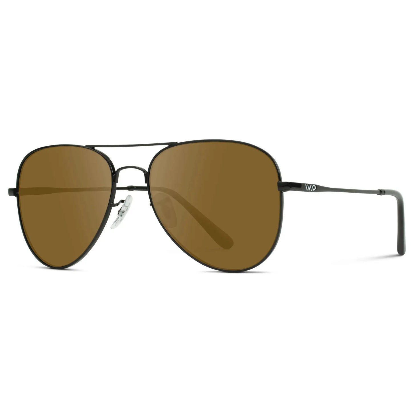 Full Black / Amber || Side view of Unisex Double Bridge Aviator Prescription Sunglasses with Black Metal Frame and Amber Lens on a white background