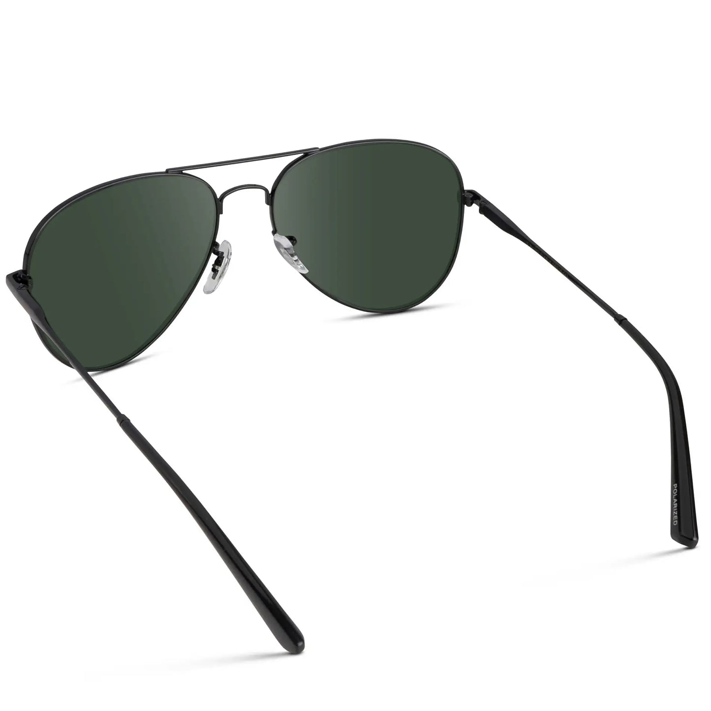 Full Black / G15 || Back view of Unisex Double Bridge Aviator Prescription Sunglasses with Black Metal Frame and Green Lens on a white background