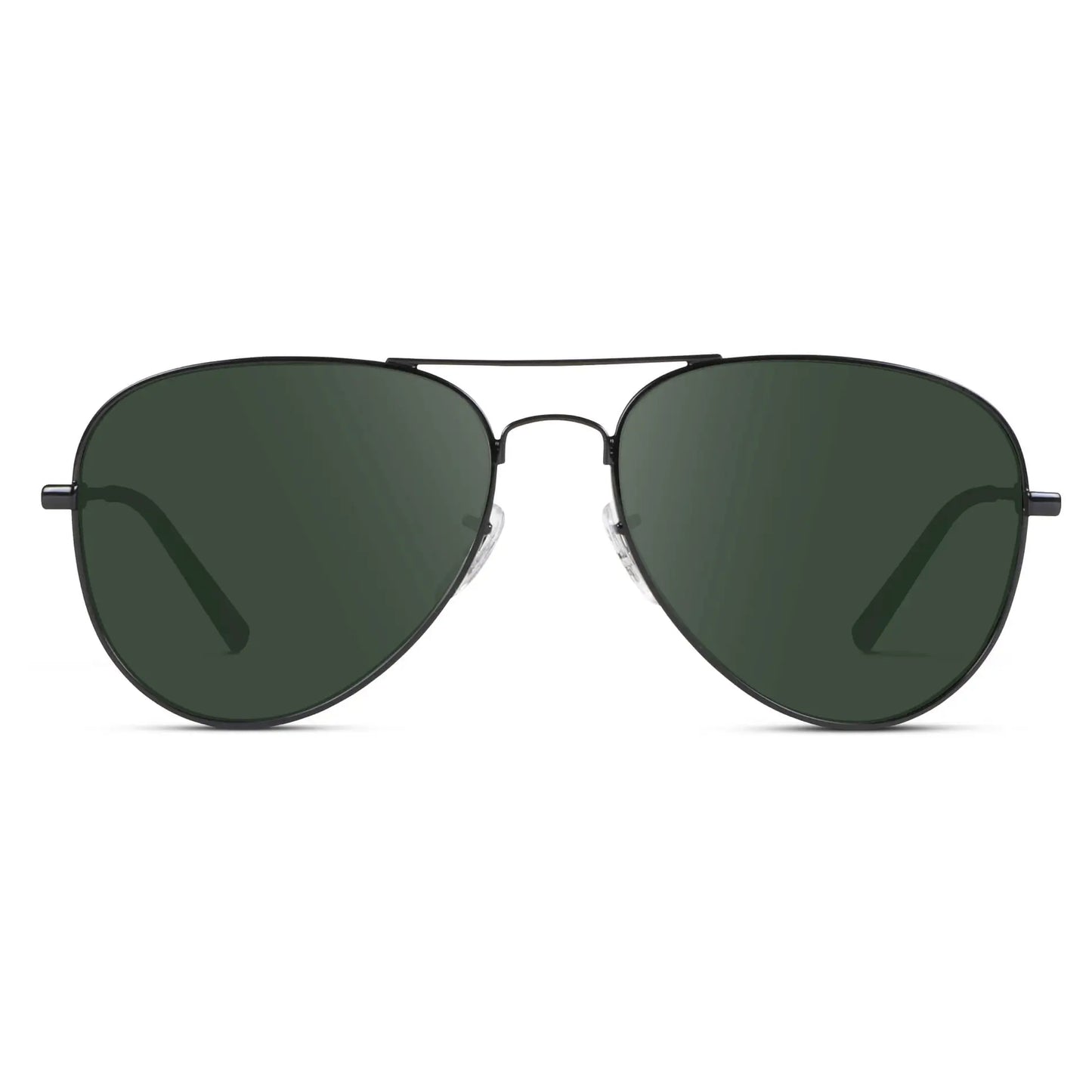 Full Black / G15 || Unisex Double Bridge Aviator Prescription Sunglasses with Black Metal Frame and Green Lens on a white background