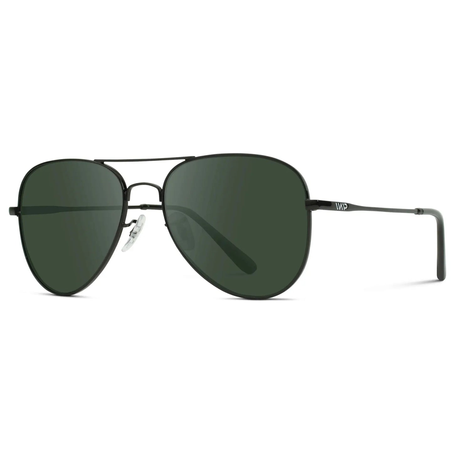 Full Black / G15 || Side view of Unisex Double Bridge Aviator Prescription Sunglasses with Black Metal Frame and Green Lens on a white background