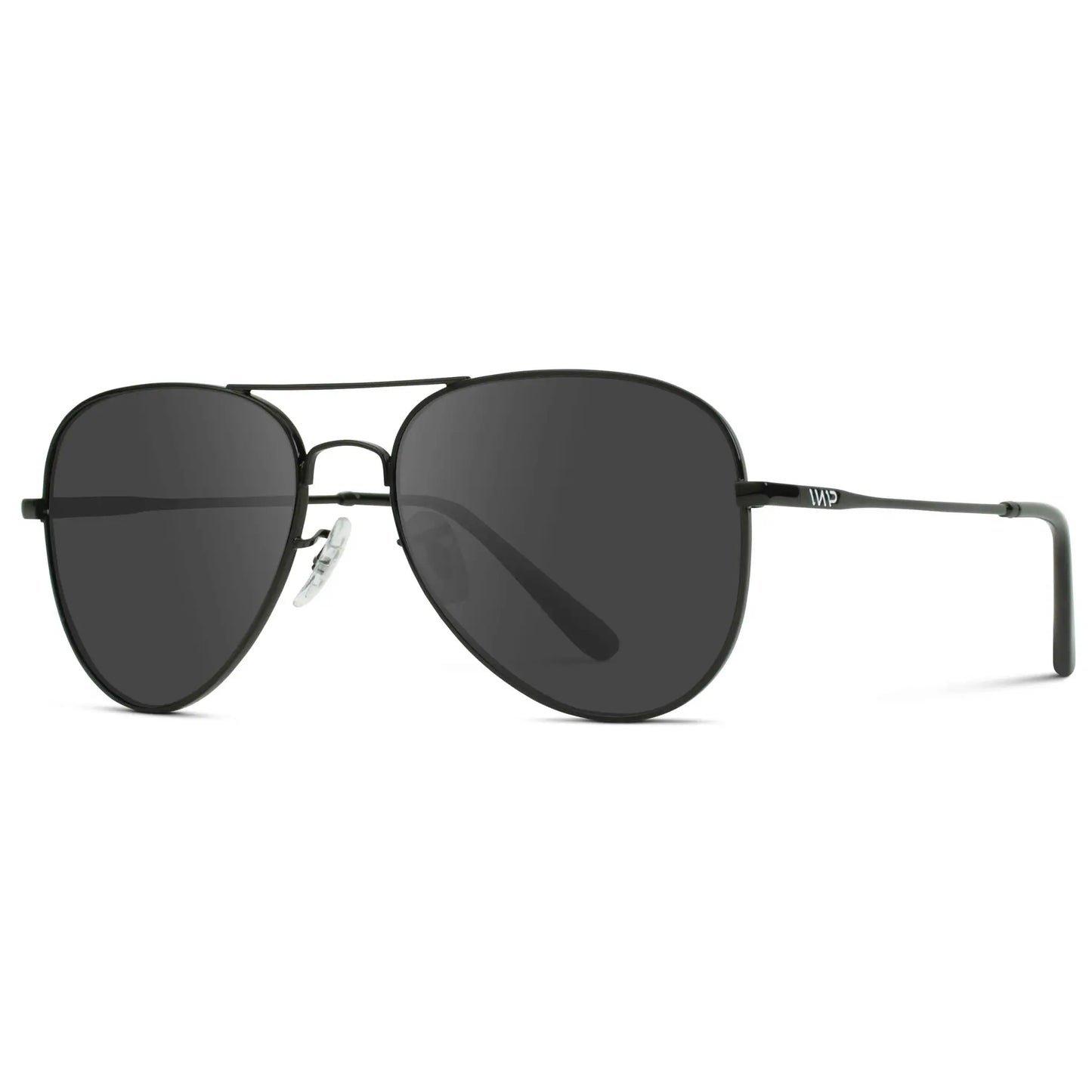 Full Black / Grey || Side view of Unisex Double Bridge Aviator Prescription Sunglasses with Black Metal Frame and Grey Lens on a white background