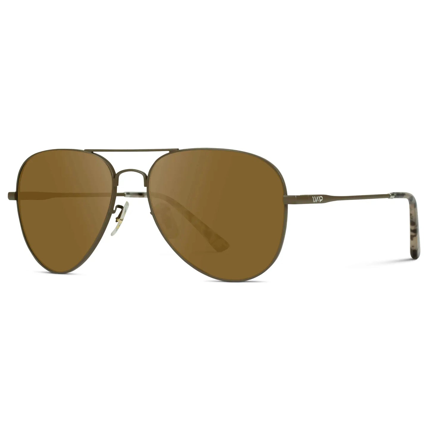 Woodland / Amber || Side view of Unisex Double Bridge Aviator Prescription Sunglasses with Brown Metal Frame and Amber Lens on a white background