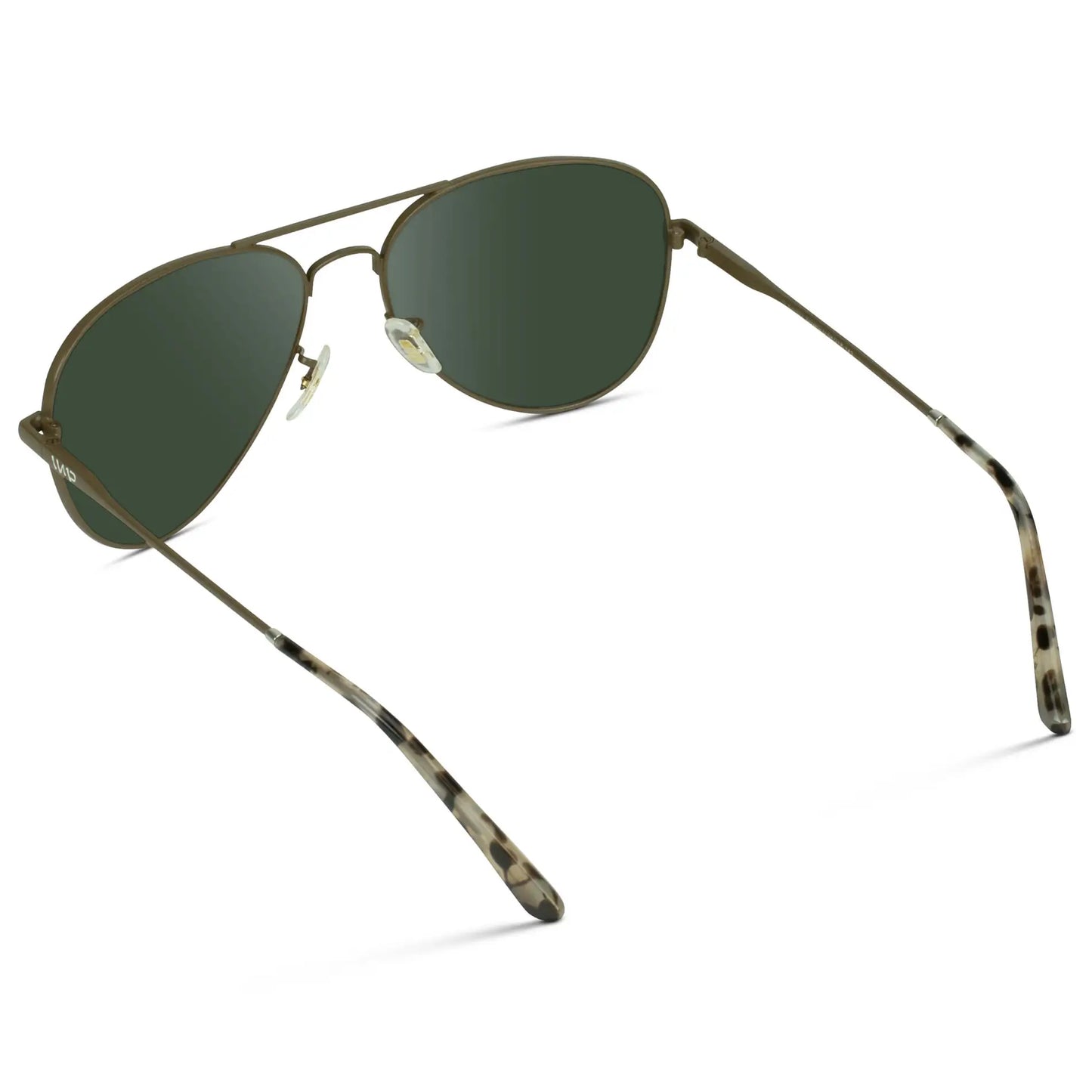 Woodland / G15 || Back view of Unisex Double Bridge Aviator Prescription Sunglasses with Brown Metal Frame and Green Lens on a white background