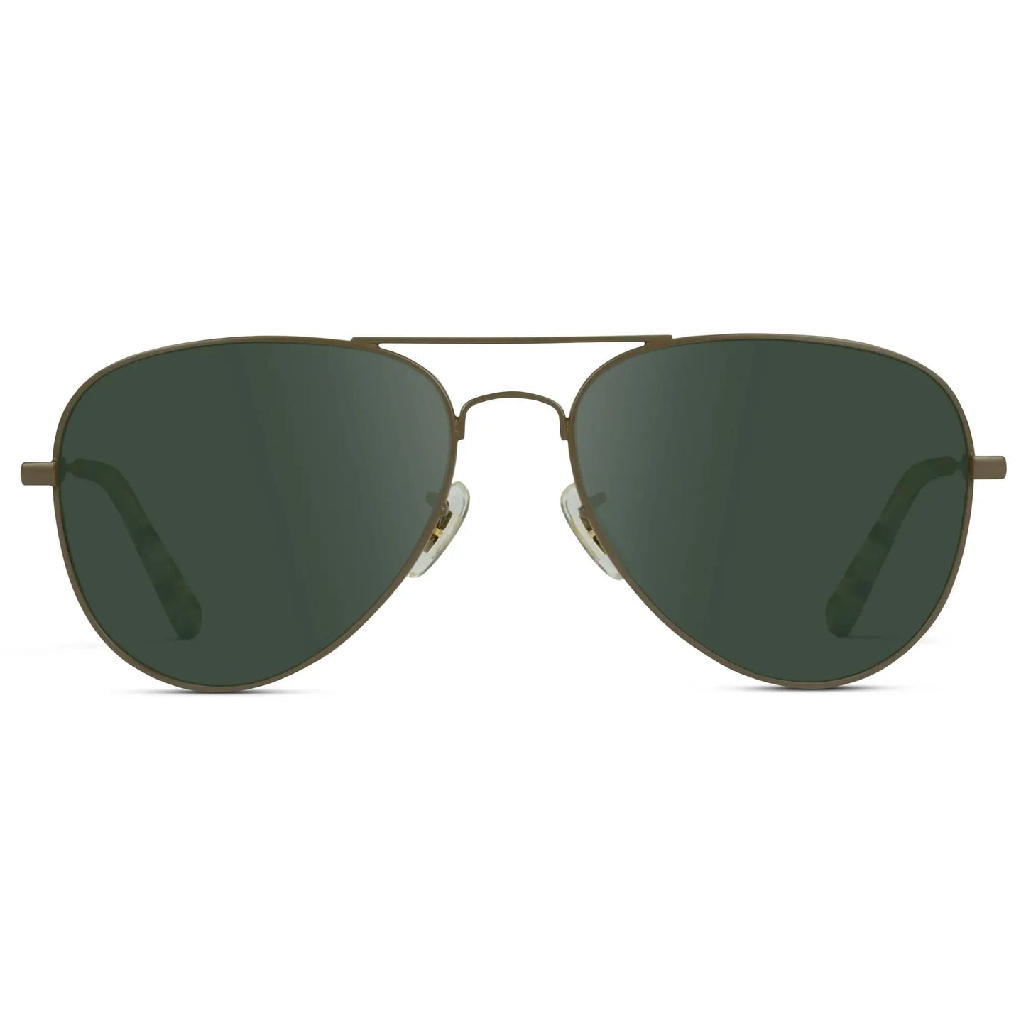 Woodland / G15 || Unisex Double Bridge Aviator Prescription Sunglasses with Brown Metal Frame and Green Lens on a white background